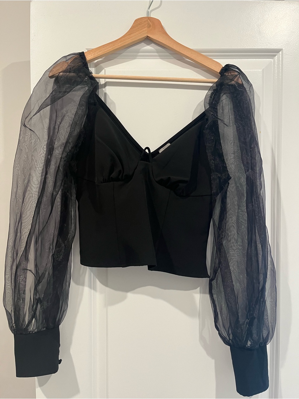 Asos Black Sweetheart Crop Top With Sheer Puff Sleeves